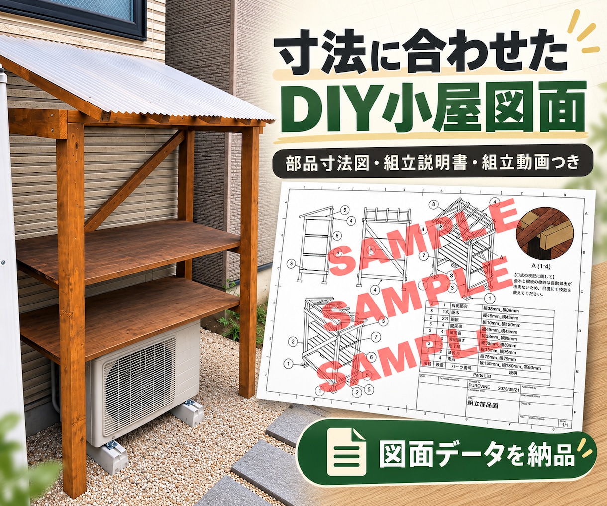 ご希望サイズのDIY小屋図面を作成します 室外機上の空間を屋根付き収納に活用できます イメージ1