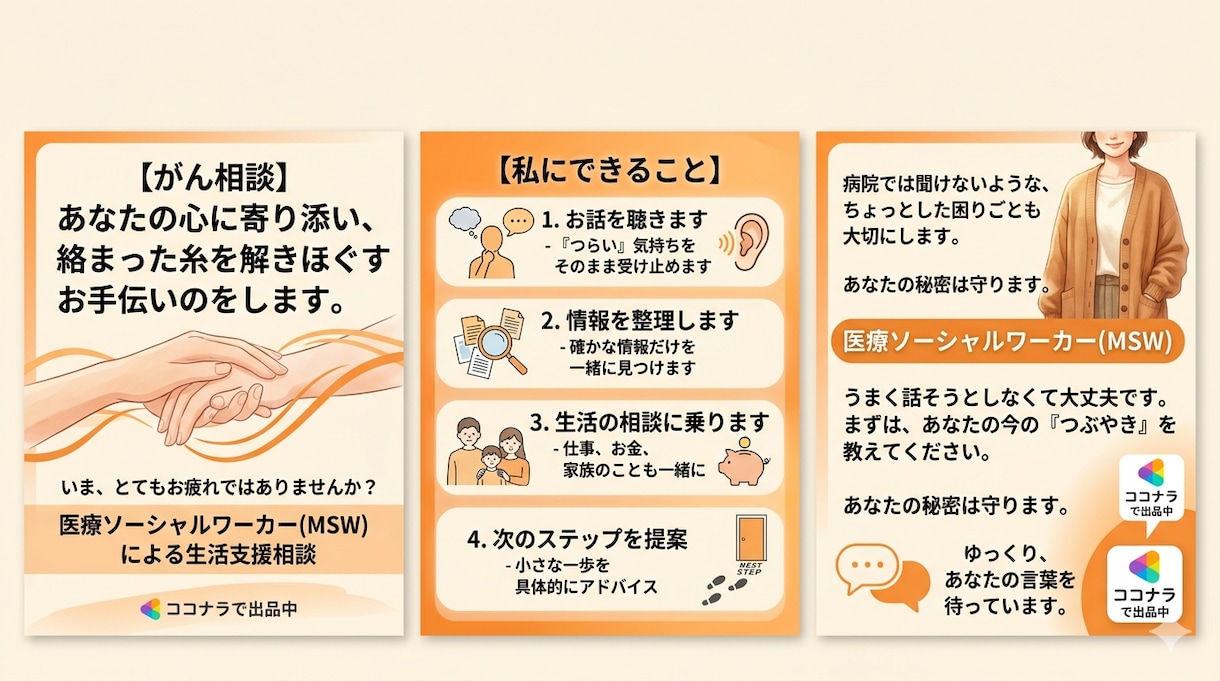 がんと病気の不安、一緒に整理して心を軽くします あなたの気持ち、まるごと受け止めます。一緒に考えましょう。 イメージ1