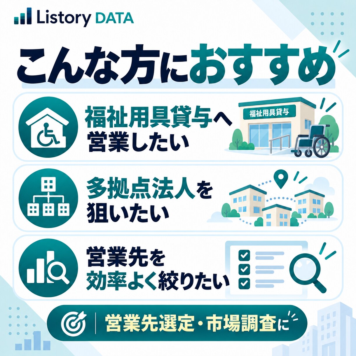 全国の福祉用具貸与事業所7,027件を提供します 法人規模・多拠点展開まで整理｜営業先を効率よく絞り込めます イメージ3
