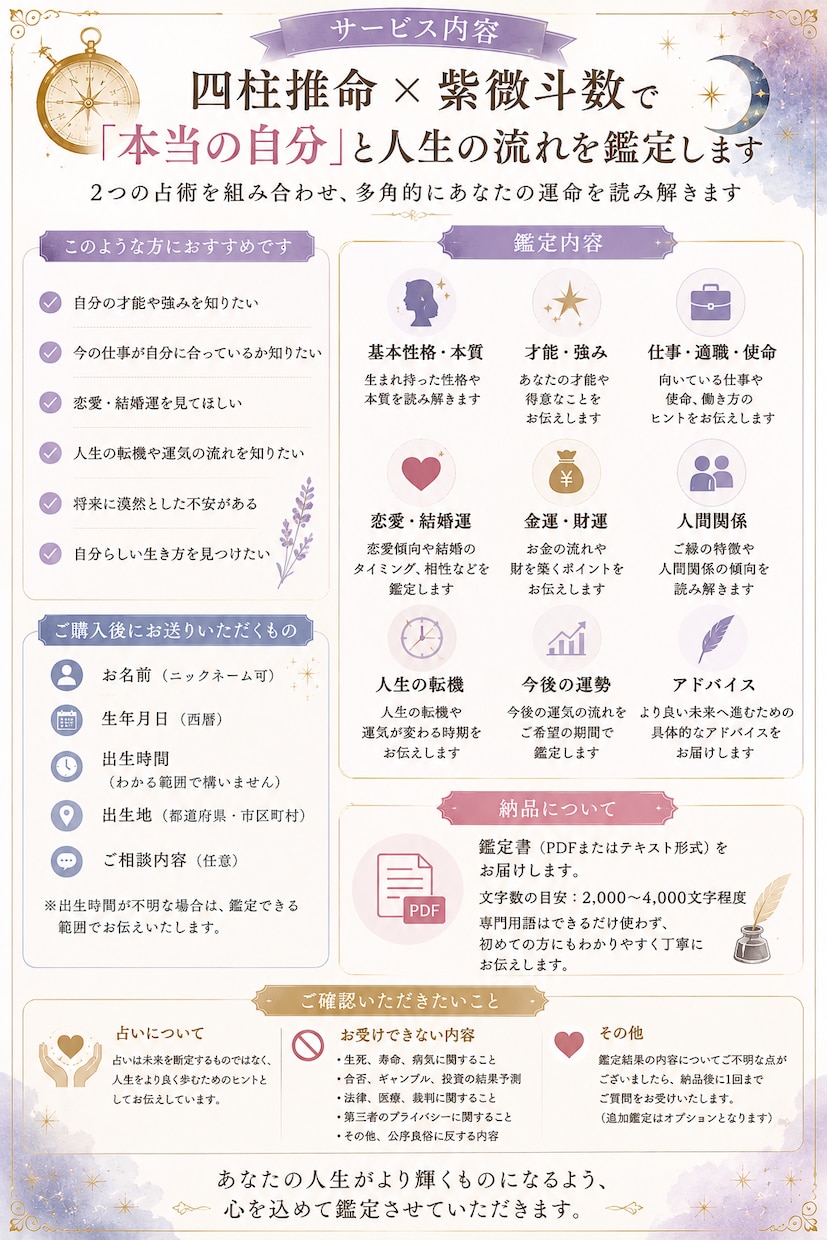 四柱推命×紫微斗数で人生鑑定します 四柱推命と紫微斗数で人生の流れを詳しく鑑定します イメージ2