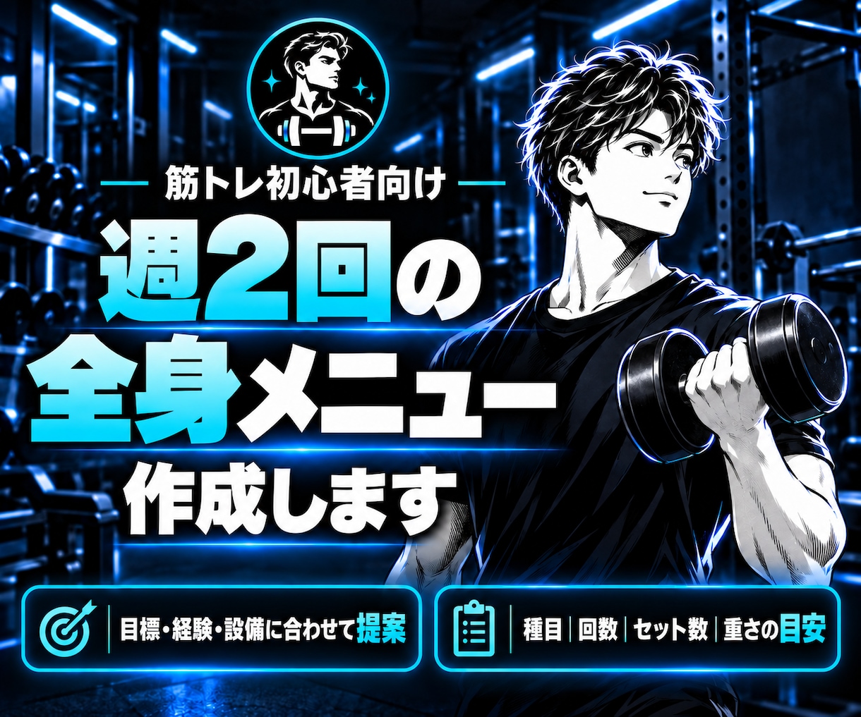 ジム初心者向けの週2回メニューを作成します 週2回から続けやすい全身メニューを提案 イメージ1
