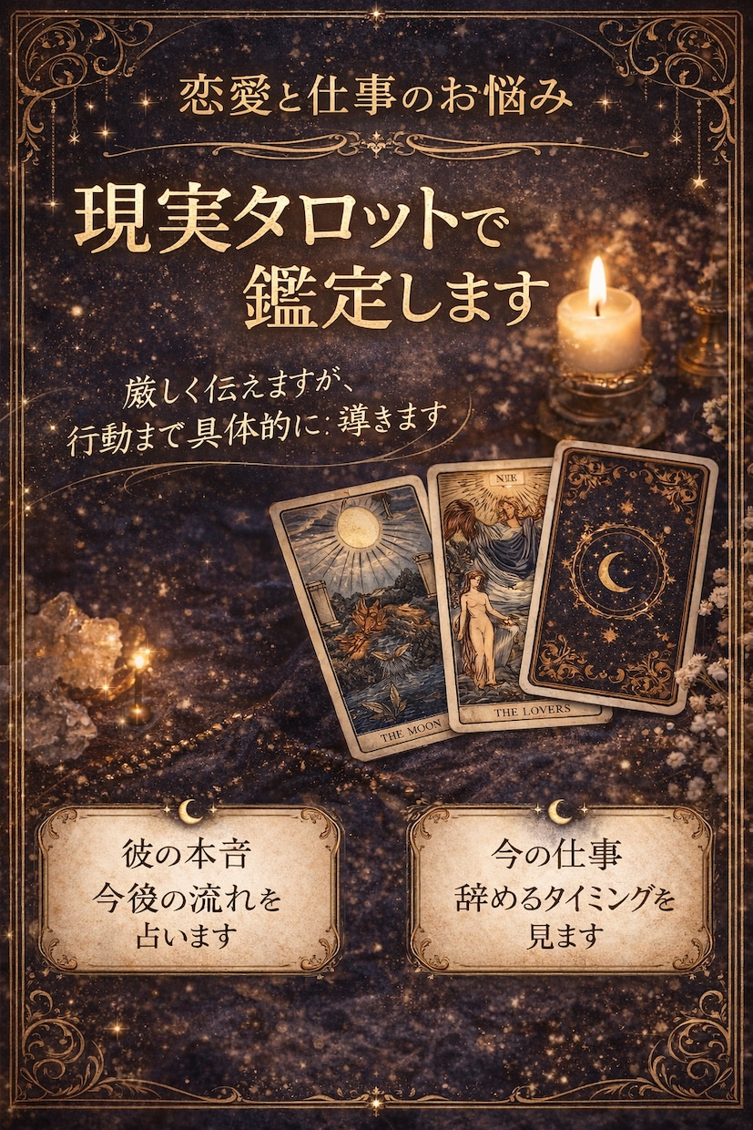 恋愛と仕事の悩みを現実タロットで鑑定します 目を背けていたことを見つけ、どう動けばいいか導きます イメージ1