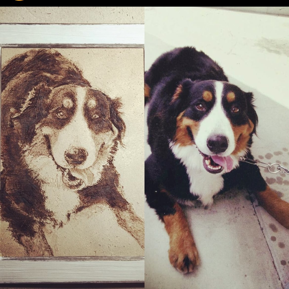 革に電熱ペンで犬の似顔絵(リアル画)描きます 牛革に電熱ペンで焼きつけながらセピアの陰影で絵を描きます。 イメージ2