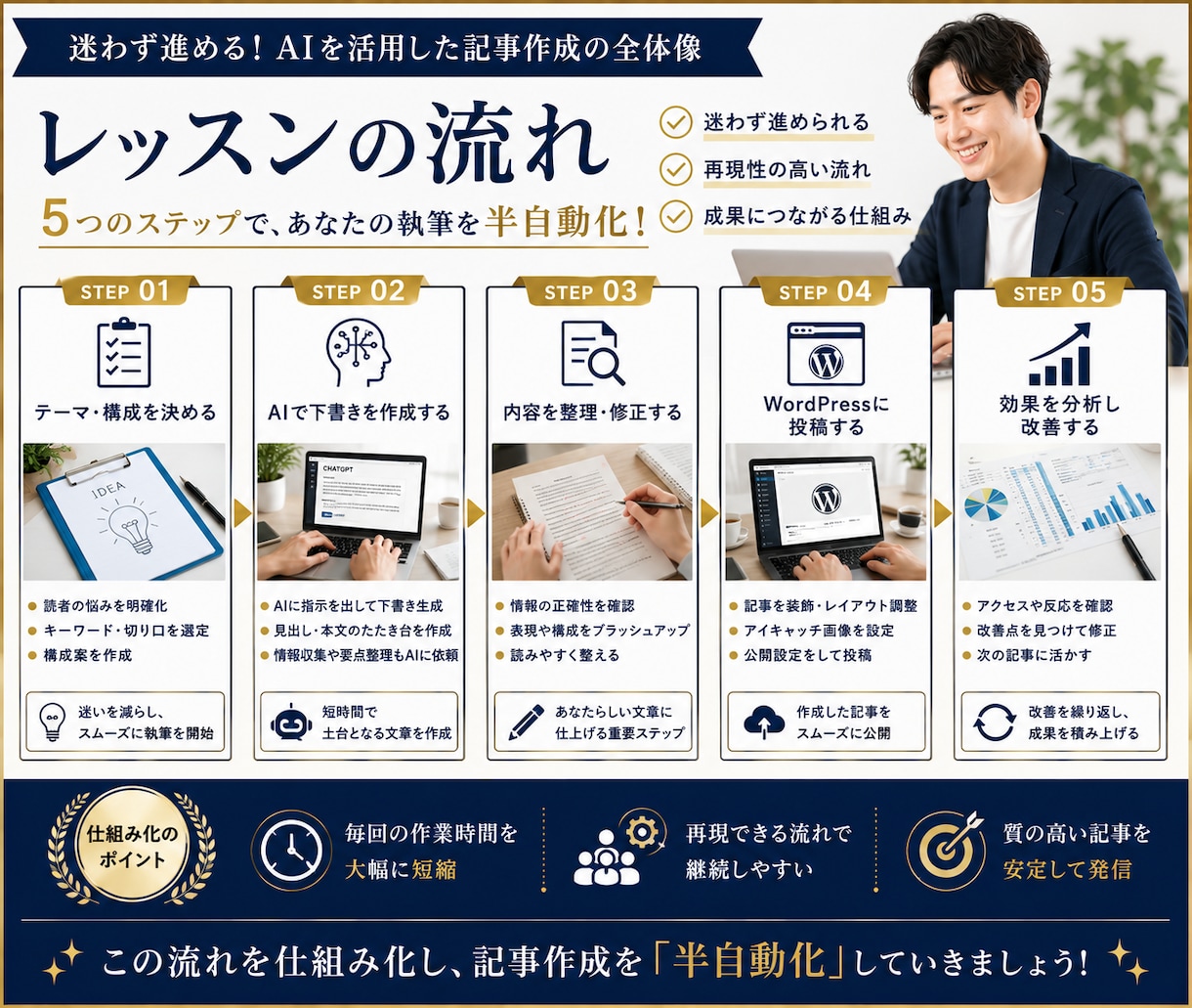 AIで記事を書き続ける仕組みを一緒に作ります AI任せではなく、あなた専用の執筆フローを一緒に設計します イメージ3