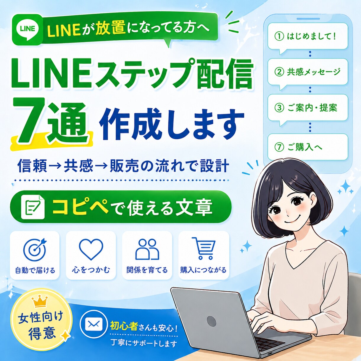 LINEステップ配信7通を作成します LINEが“売れる自動販売機”になります。 イメージ1