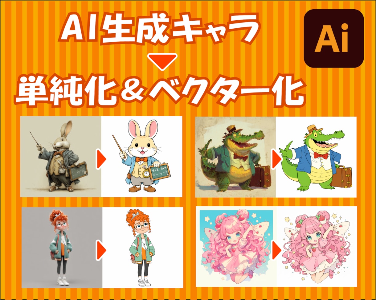 生成AIキャラクターを単純化＆ベクター化します 画像のサイズを自由に変えることができる。汎用性が高まる。 イメージ1