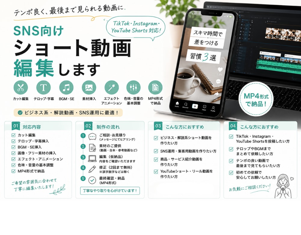 SNS向けショート動画を編集します テンポ良く最後まで見られる動画に仕上げます イメージ2