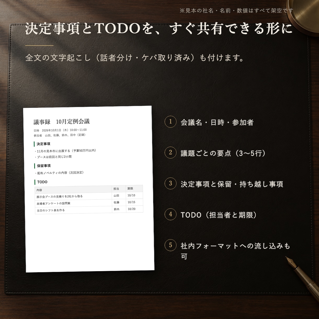 会議の録音から議事録を作成します 60分2,000円。決定事項・TODOと全文起こし イメージ2