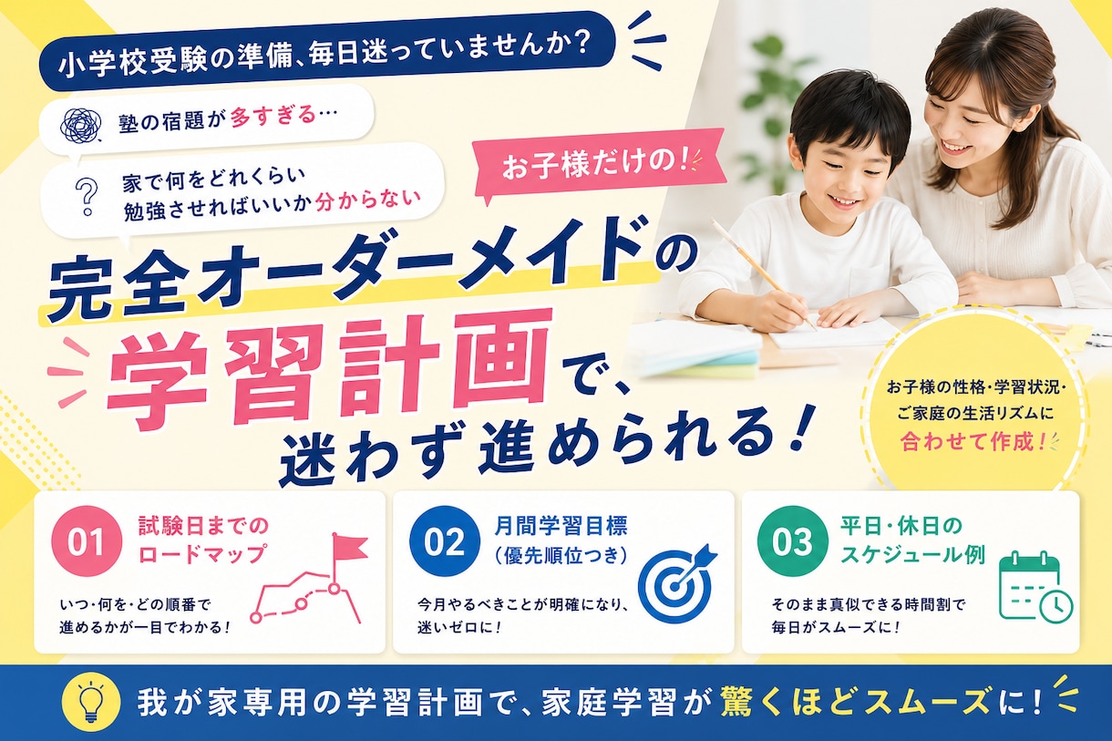 小学校受験対策！お子様専用の学習計画を作成します 不安や迷いを解消！　効率的に進める学習プランを提案します！ イメージ1