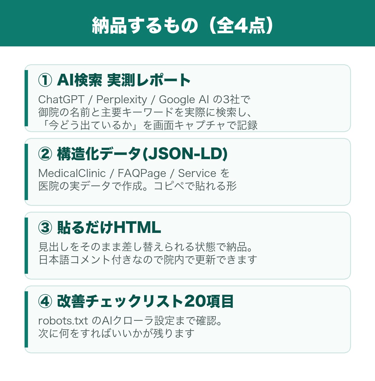 AIO対策｜医療介護HPをAI検索対応に整えます 先着3名｜実測レポート＋貼るだけJSON-LDを納品 イメージ2