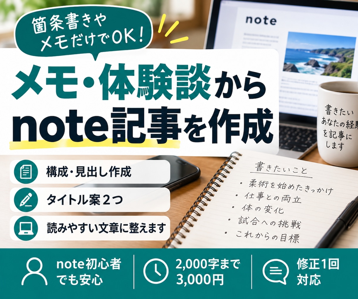メモ・体験談から読みやすいnote記事を作成します 箇条書きでもOK。あなたの経験をnote記事へ イメージ1