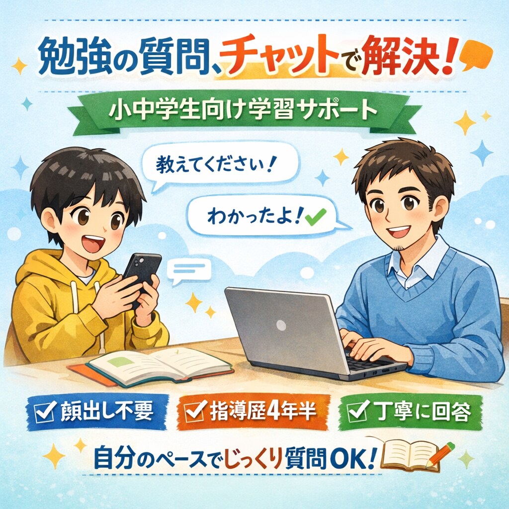 小中学生向け｜勉強の質問に文章で7日間回答します チャットだから気軽に何度でも質問OK！自分のペースで解決。 イメージ1