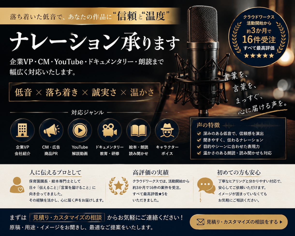 落ち着いた低音で心地よいナレーションを提供します 心に響く、誠実な一声で、想いを届ける。 イメージ1