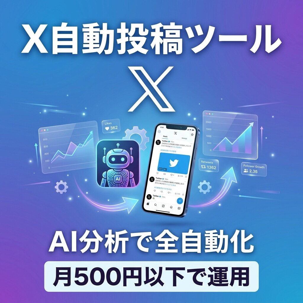 X自動投稿ツール作成。AI分析で投稿を自動化します 月500円以下で動くあなた専用のX運用ツールです。 イメージ1
