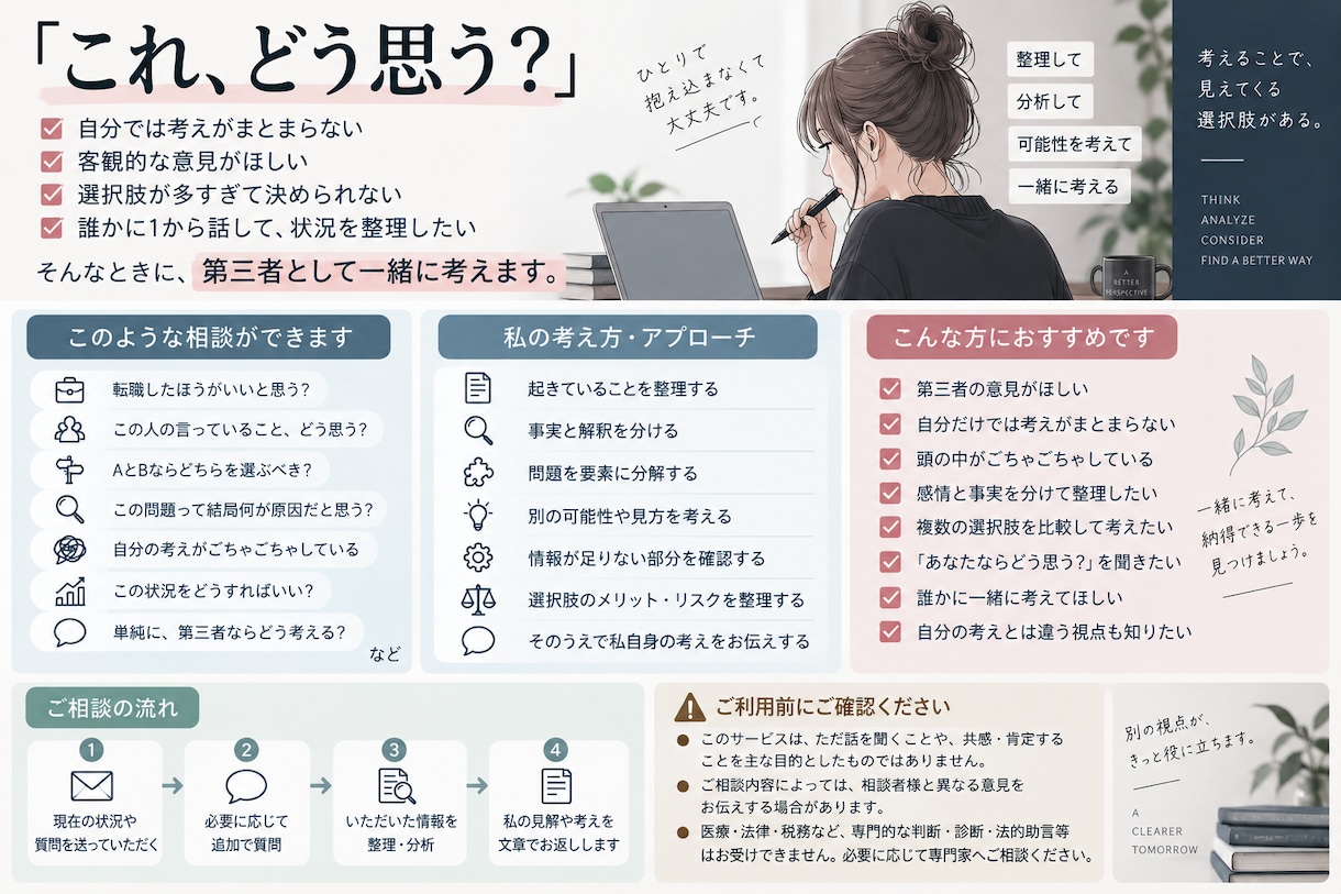 あなたの「どう思う？」を本気で分析します 共感よりも、第三者としての率直な意見を イメージ1