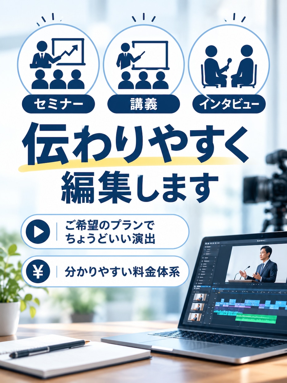 セミナー動画を「見やすく・伝わりやすく」編集します 視聴者が最後までストレスなく集中して見られるように整えます イメージ1