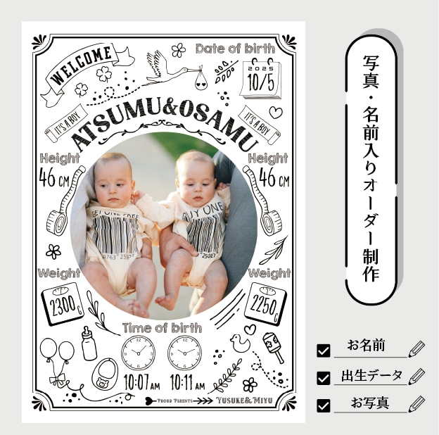 双子の写真入り命名書ポスターを印刷して発送します A4/A3サイズ対応・2人の出生データを一枚の記念ポスターに イメージ2