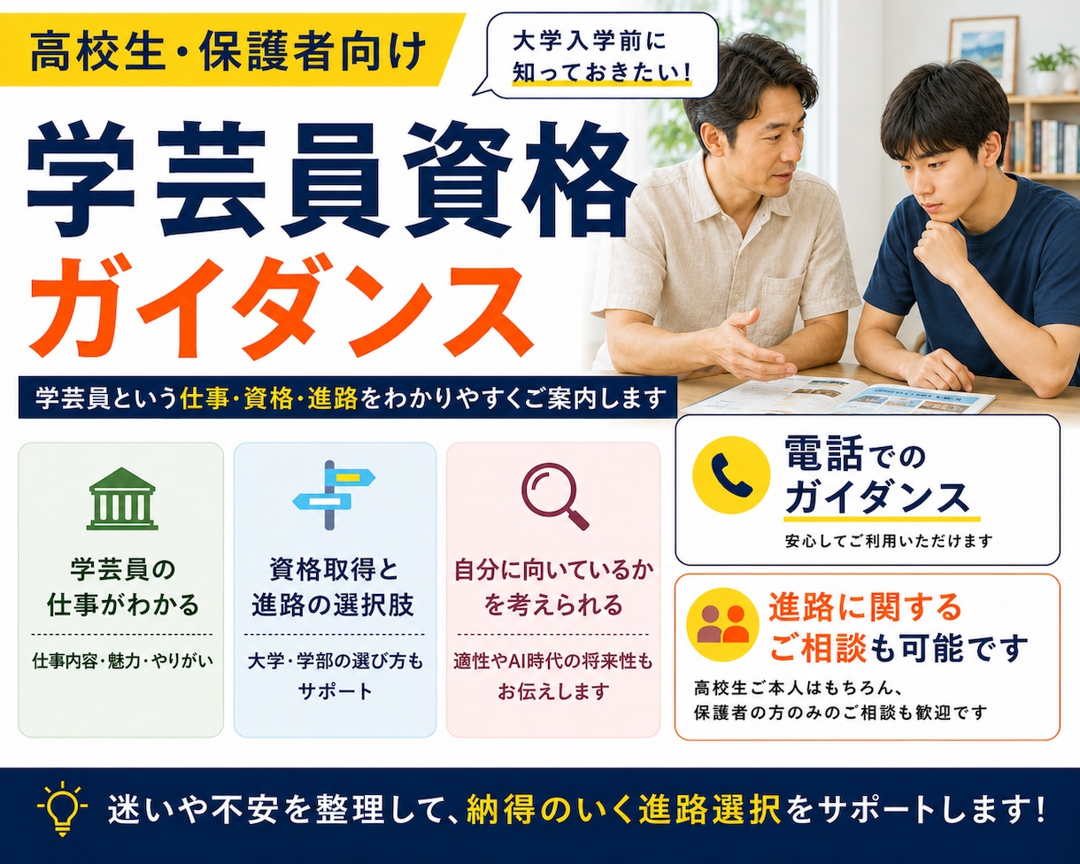 学芸員資格と進路｜保護者の方のご心配も解消します 決める前に、専門家の個別ガイダンスを受けてみませんか？ イメージ1
