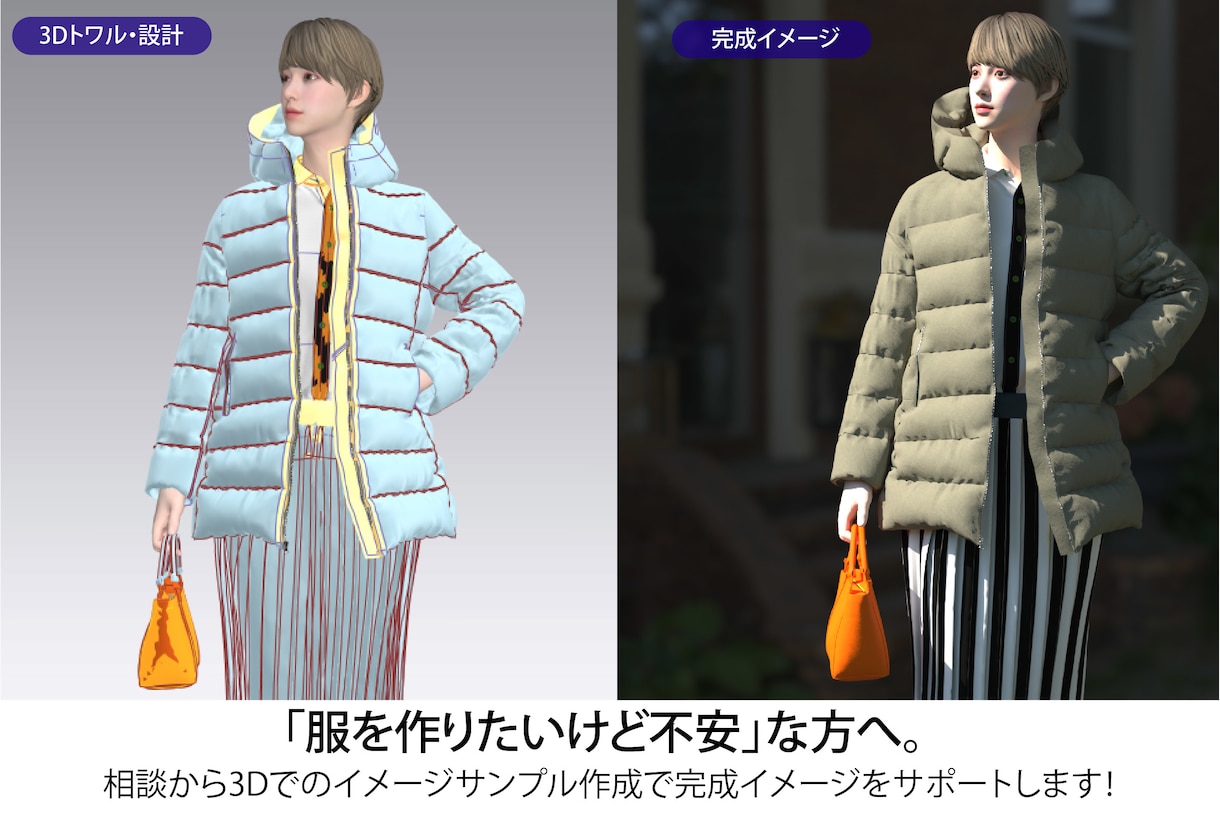 洋服のパターン作ります！3Dで完成イメージ見えます 相談から3Dでの着用イメージ確認ができます。 イメージ1