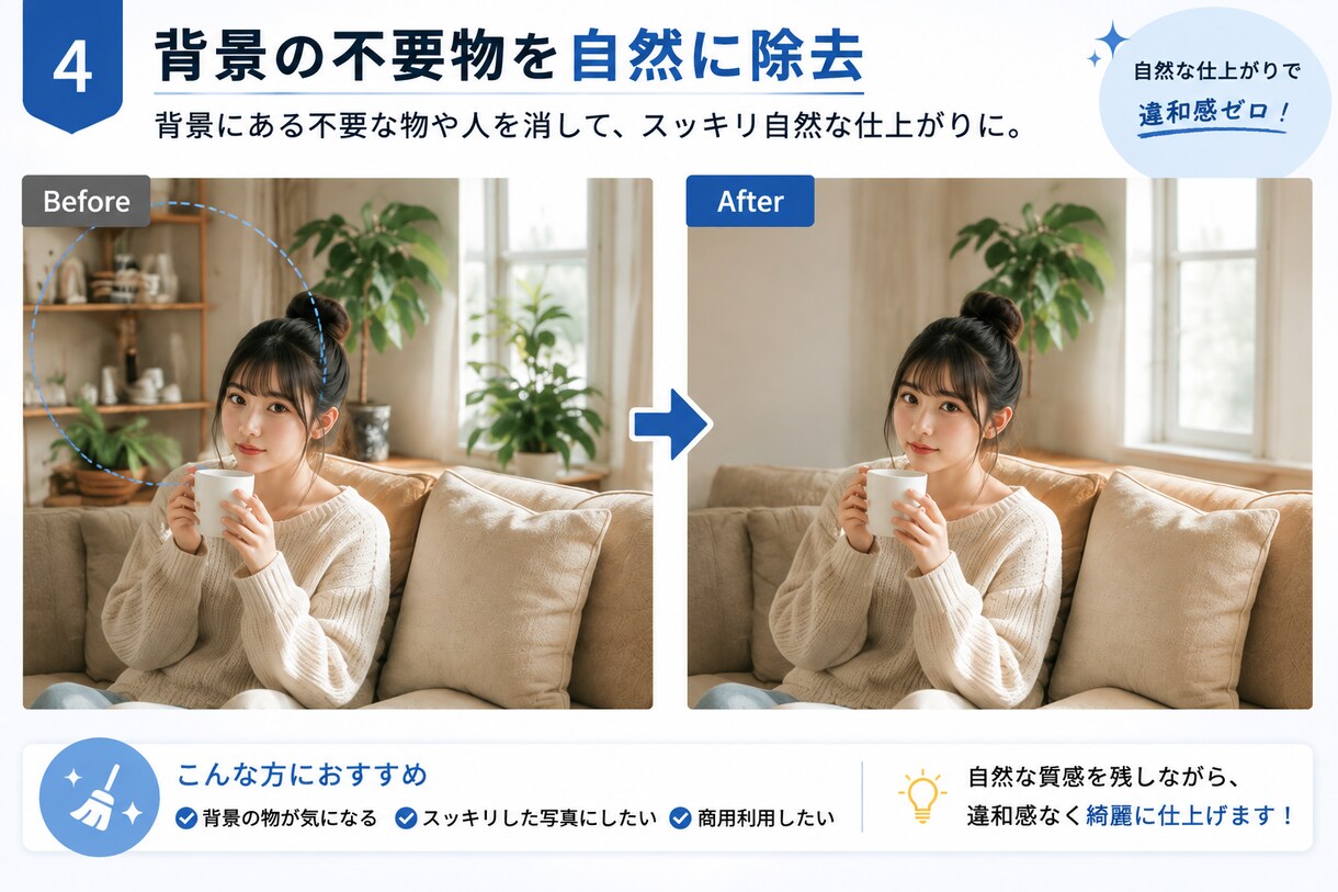 AI生成画像の修正・レタッチをしますます 手や顔・背景など気になる部分を自然に整えます イメージ4