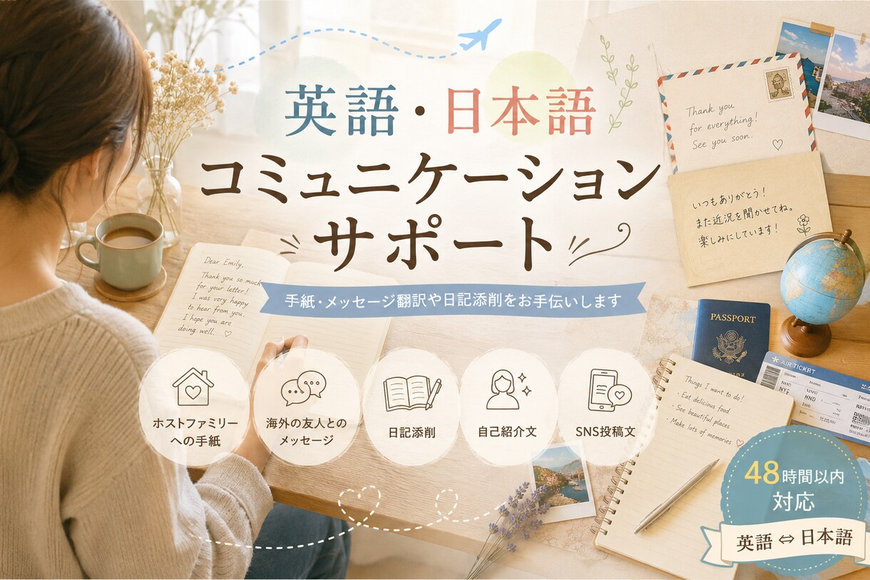 英語・日本語コミュニケーションサポートします 手紙・メッセージ翻訳や日記添削をお手伝いします イメージ1