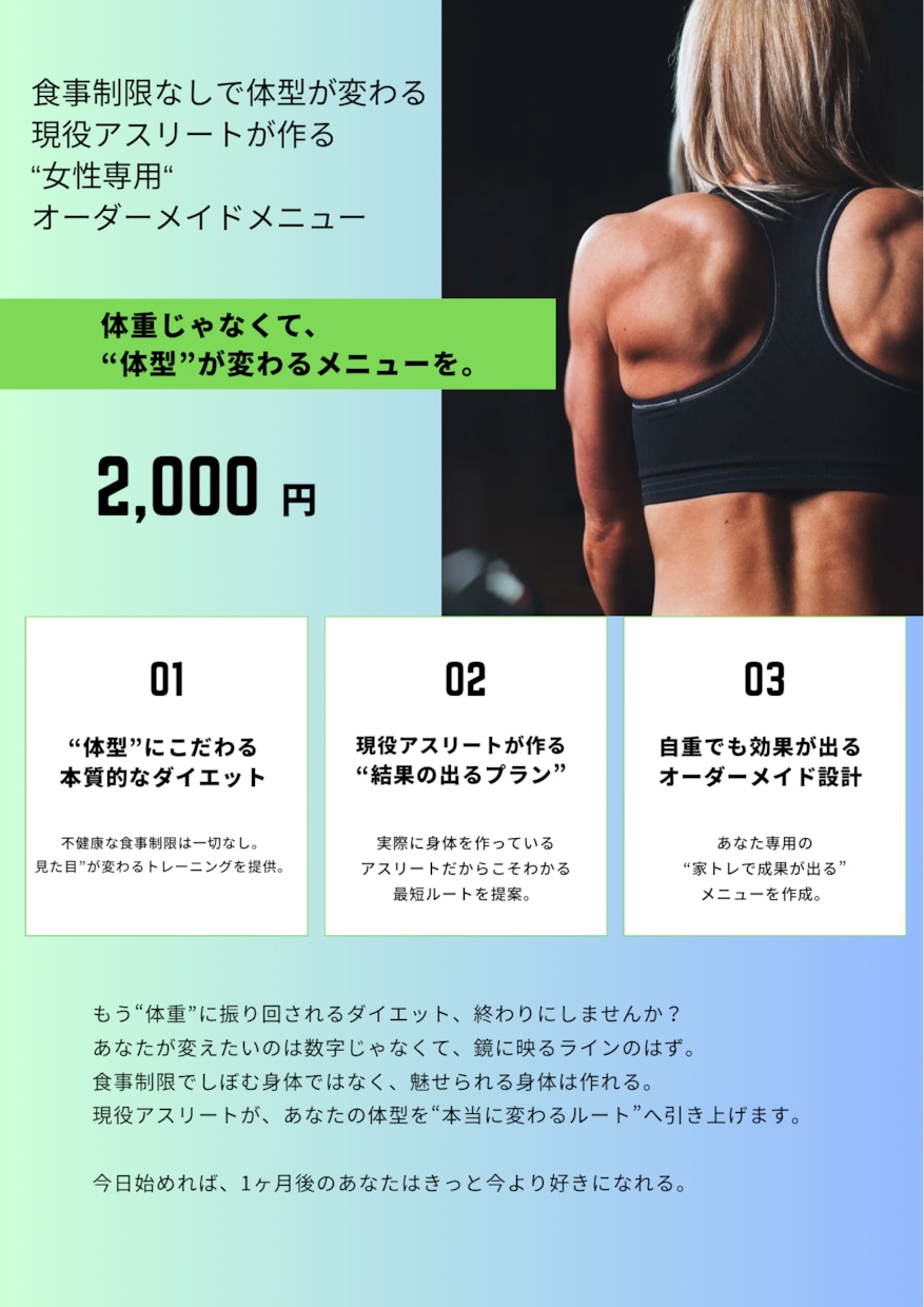 現役アスリートの視点から体重ではなく体型を変えます 無理のない習慣で鏡に映る体型を確実に変えていきます イメージ1