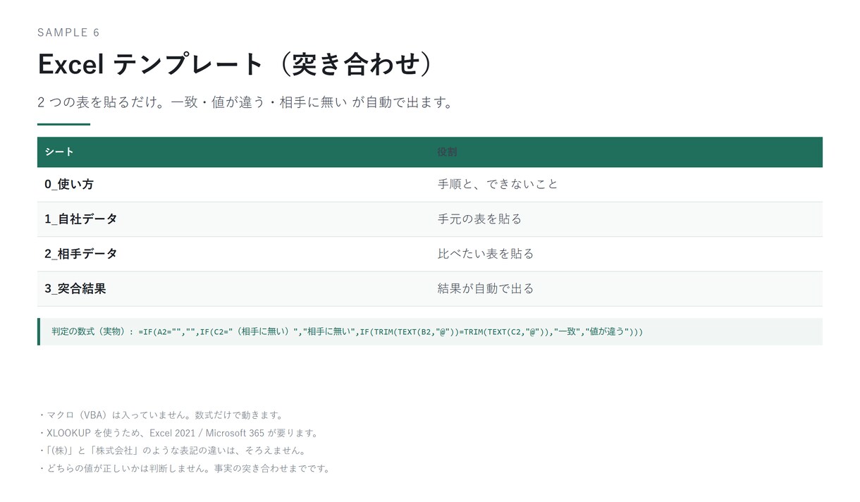 Excel突合テンプレートをお渡しします 2つの表を貼るだけ。関数で判定、マクロ不要です イメージ1