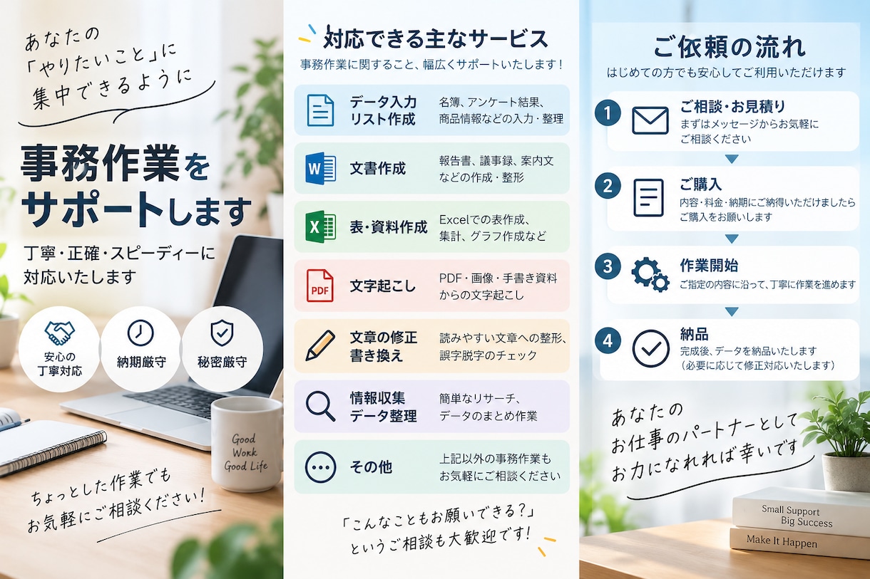 入力作業、画像生成等の事務事のご相談に応じます データ入力資料作成・文字起こし等、事務作業をサポートします！ イメージ1