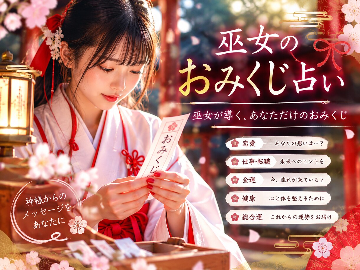 巫女のおみくじ占い｜あなただけの運勢を占います 長年神社に仕える巫女が 神様からのメッセージをお届け イメージ1