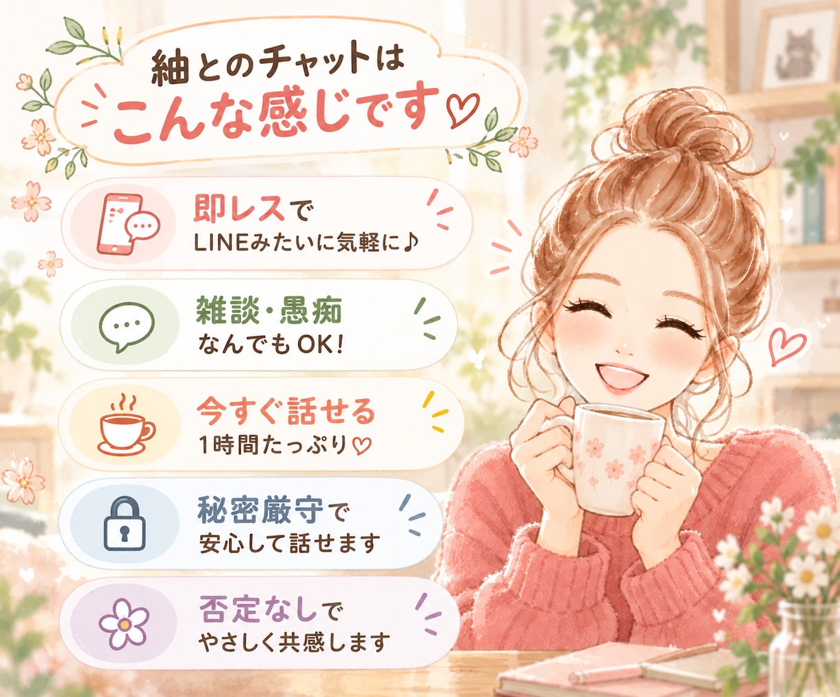 1時間1000円♡あなたのお話に優しく寄り添います 愚痴・悩み・雑談なんでも歓迎♡気軽に話せる癒しのチャット時間 イメージ3