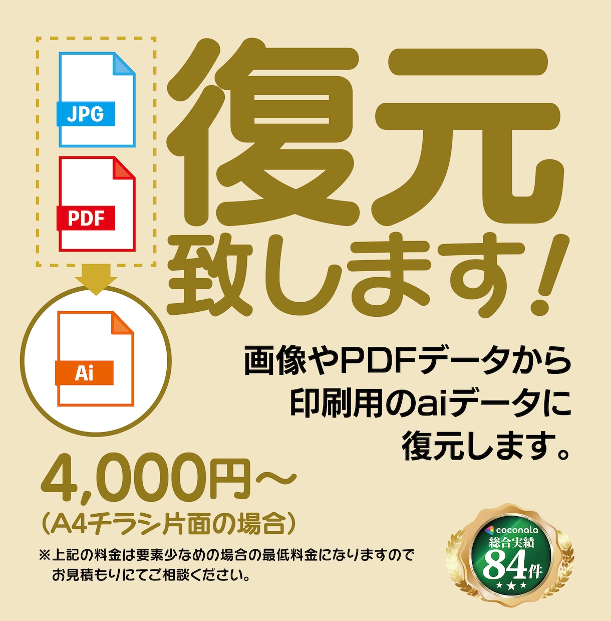 チラシやパンフレットなどのデータを復元します 文字をテキスト化し、Aiデータで納品いたします。 イメージ1