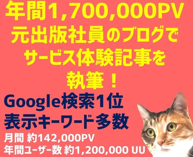 170万PVブログでサービス体験記事を執筆します 紹介サービスは何でもOK！記事はGoogle検索登録あり。 イメージ1