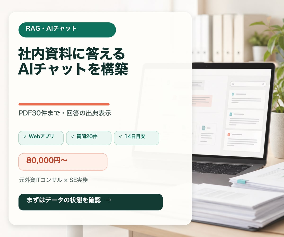 社内資料に答えるAIチャットを構築します PDF30件まで・出典表示つきの業務特化PoC イメージ1