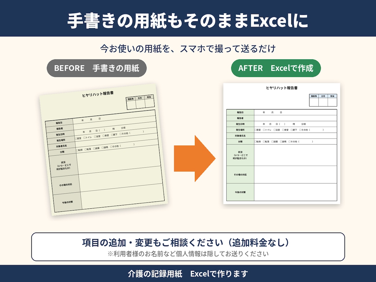 介護の記録用紙・チェック表をExcelで作成します 写真を送るだけ！手書き用紙を印刷できるExcelに イメージ3