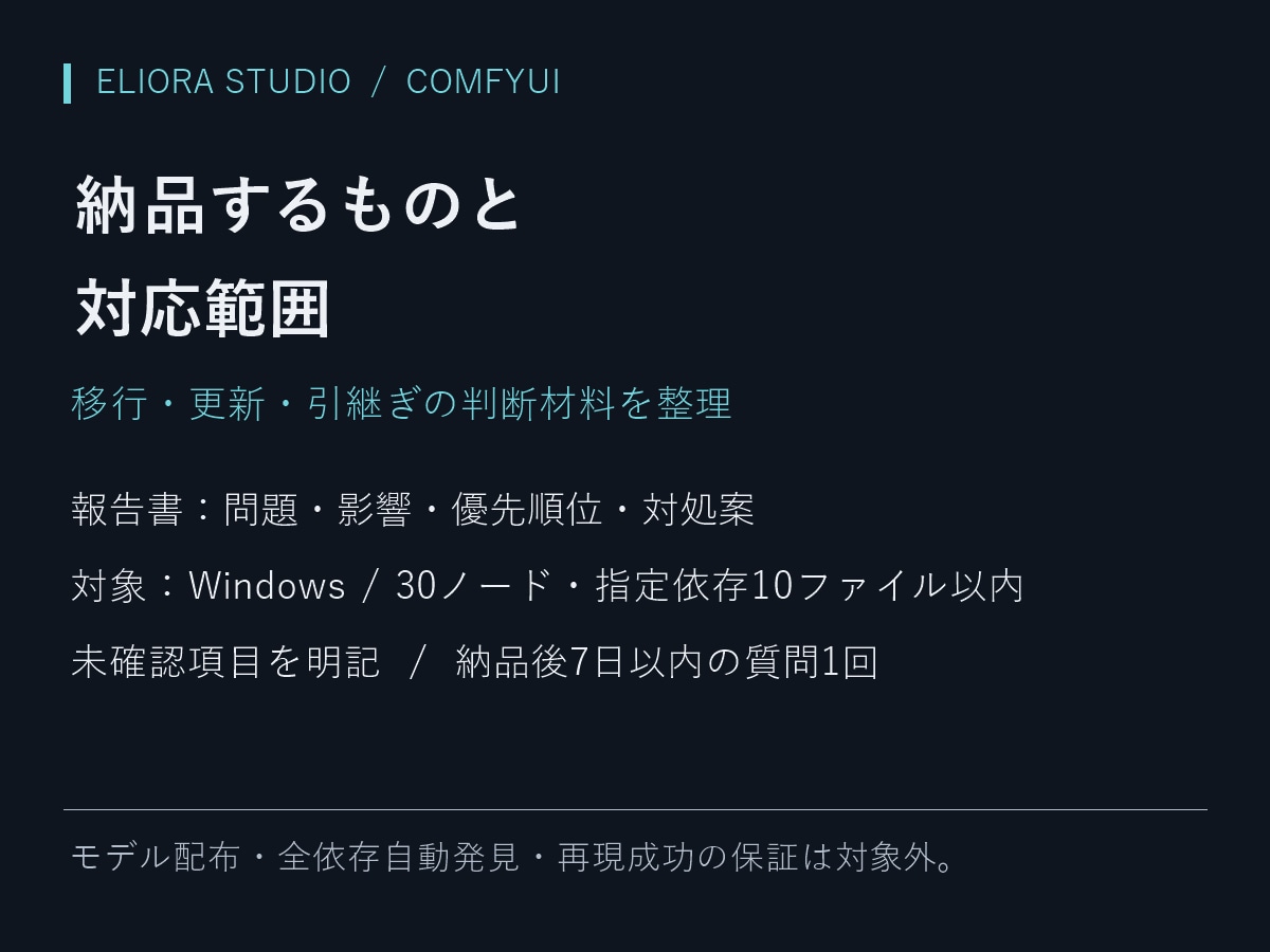 ComfyUIの移行前に依存関係を診断します 足りないモデル・ノード・配置の課題と対処順を報告 イメージ2