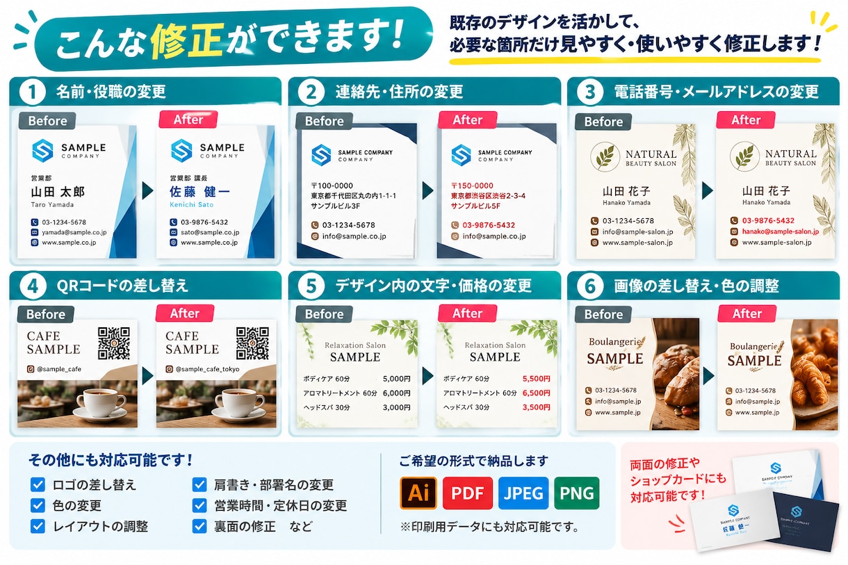 名刺・ショップカードの修正や変更を承ります 名前・役職・TELなど、ちょっとした変更から対応します！ イメージ2