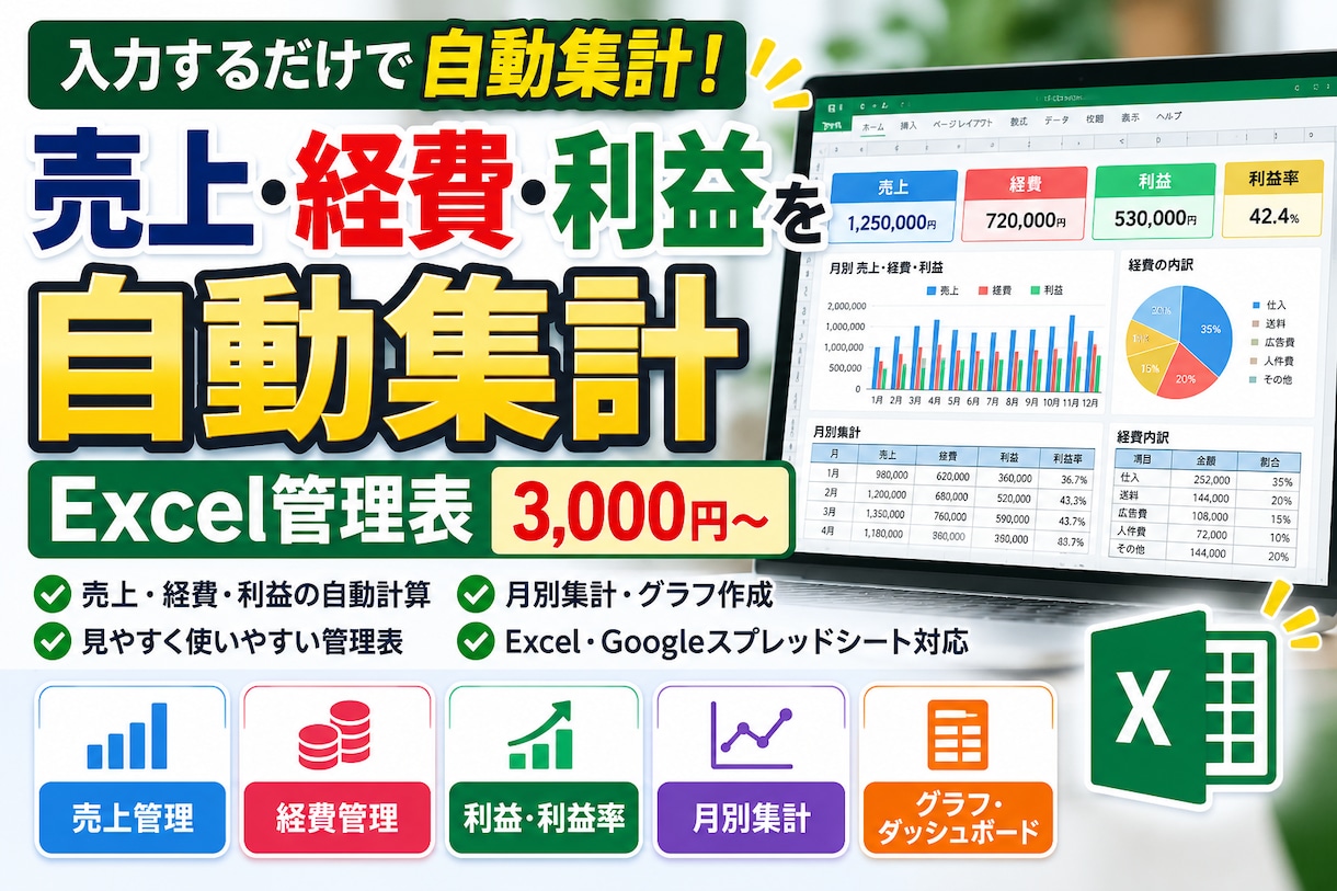 Excelの売上・経費・利益管理表を作成します 入力で自動集計！毎月の売上・経費・利益管理をラクにします イメージ1