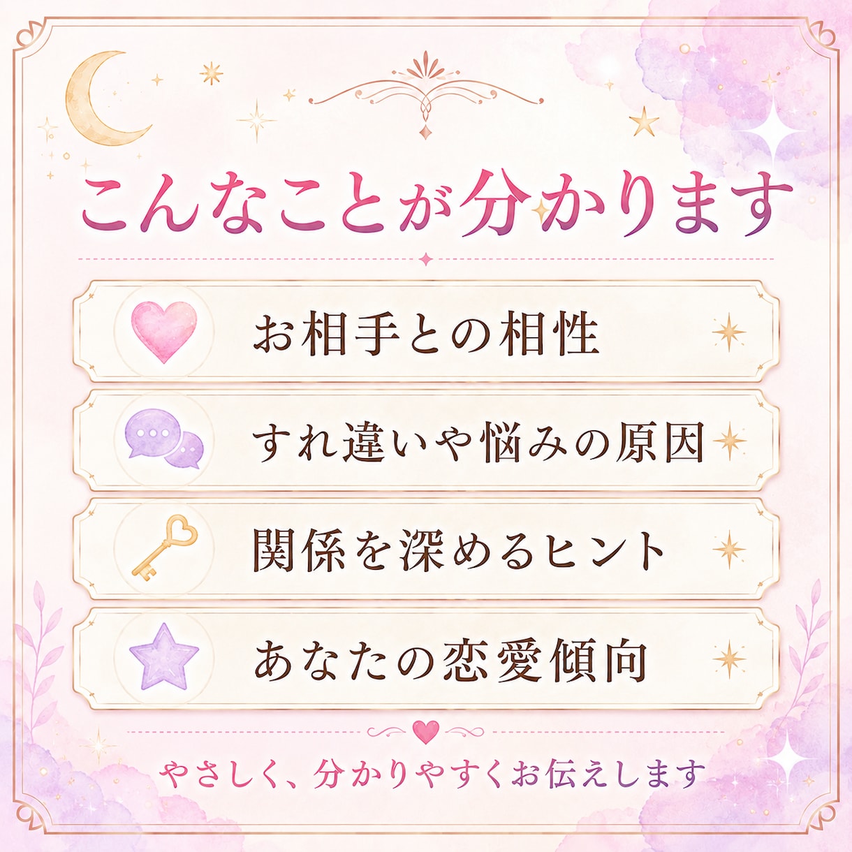 お名前と生年月日から恋愛相性を優しく鑑定します 二人の性格とすれ違いを丁寧に読み解きます イメージ2