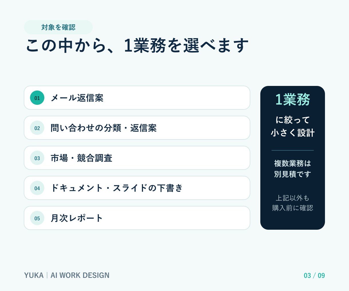 繰り返し業務1つを、専用AIワークフローに整えます 入力・確認・やり直しまで、業務別に個別設計 イメージ3