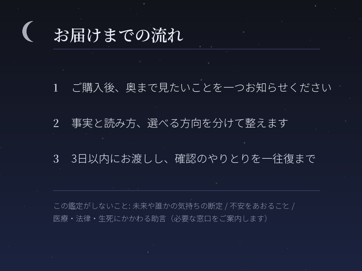 月読みで、恋愛や仕事の迷いを奥まで読み解きます まだ言葉になっていないものを、見渡せる形に。 イメージ3