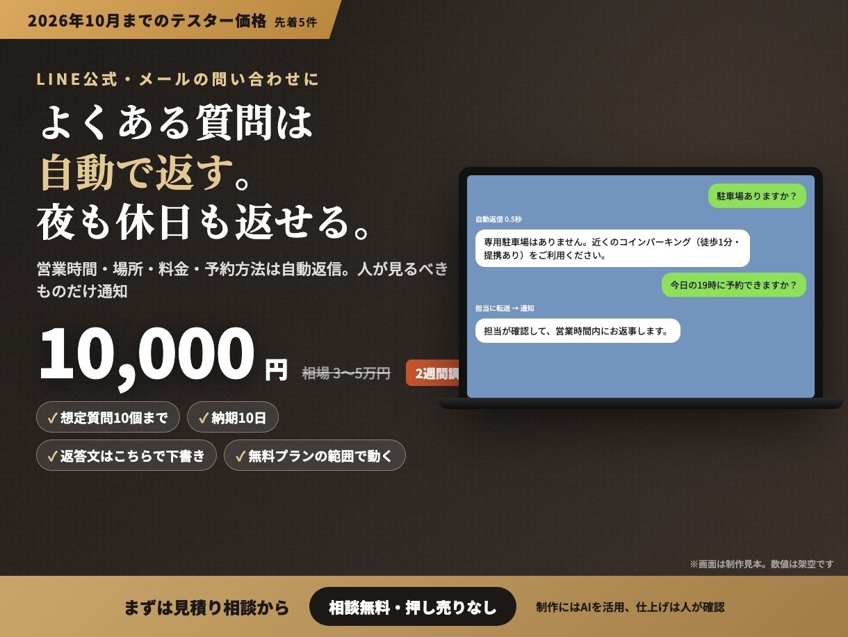 LINE公式・メールの返信を自動化します よくある質問の返信と振り分けを自動に。夜間も止まらない イメージ1