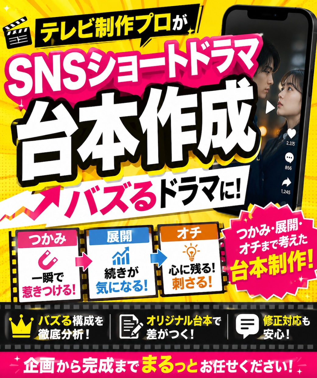 テレビ制作プロがSNSショートドラマ台本作成します バズるドラマに！つかみ・展開・オチまで考えた台本制作！ イメージ1