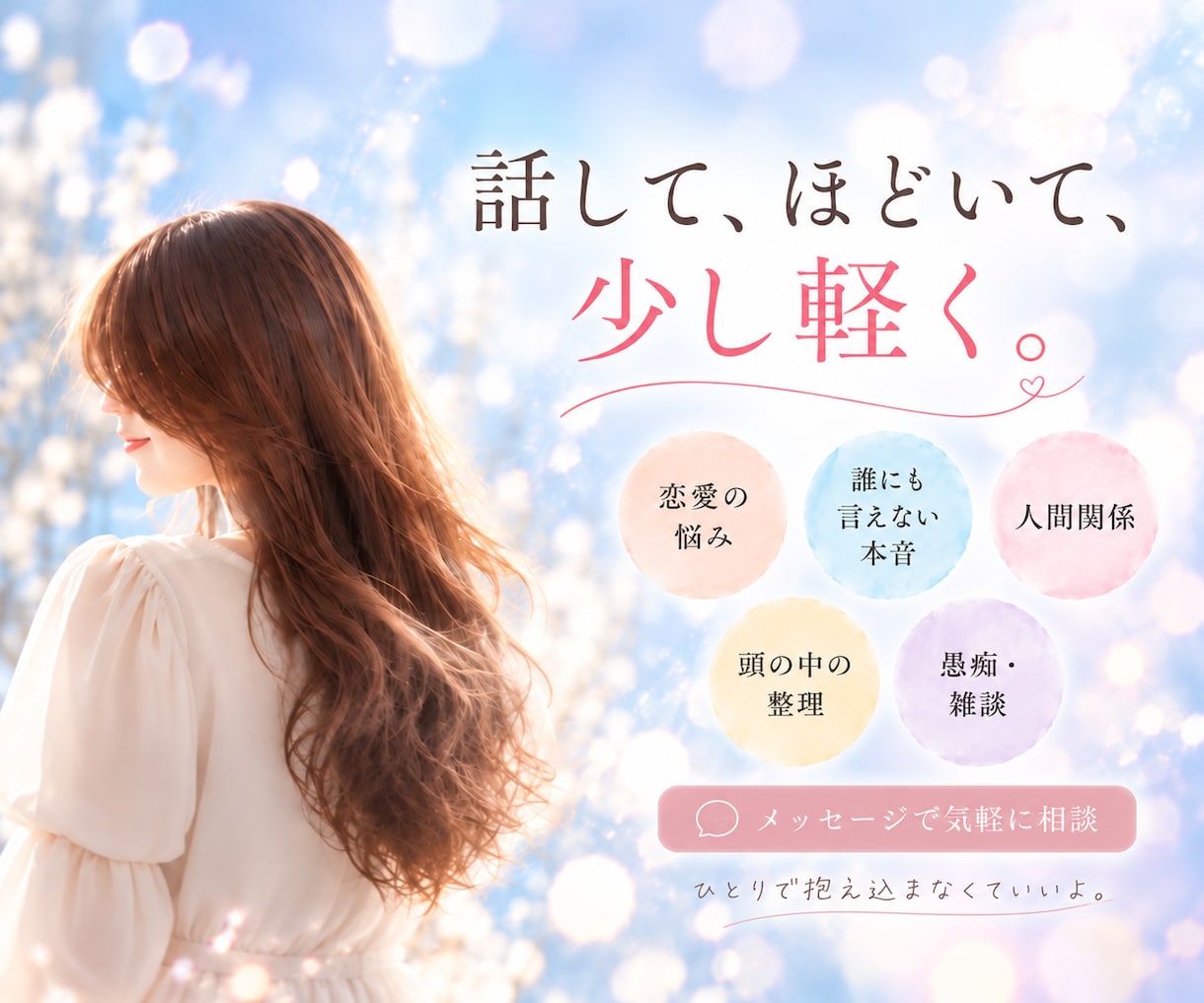 誰にも言えない本音やモヤモヤをお聞きします 話して、ほどいて、少し軽く。気楽に話してくださいね イメージ1