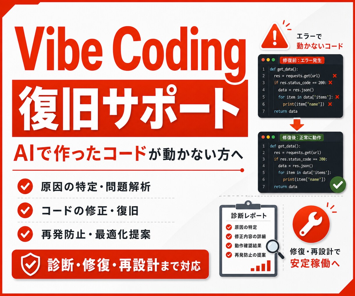 Vibe Coding修復サポートします AI生成コードの診断・修復・再設計に対応 イメージ1