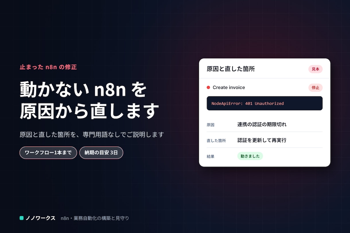 自作のn8nフローが止まる原因を特定して直します エラーの原因と直した箇所を、専門用語を使わず説明します イメージ1