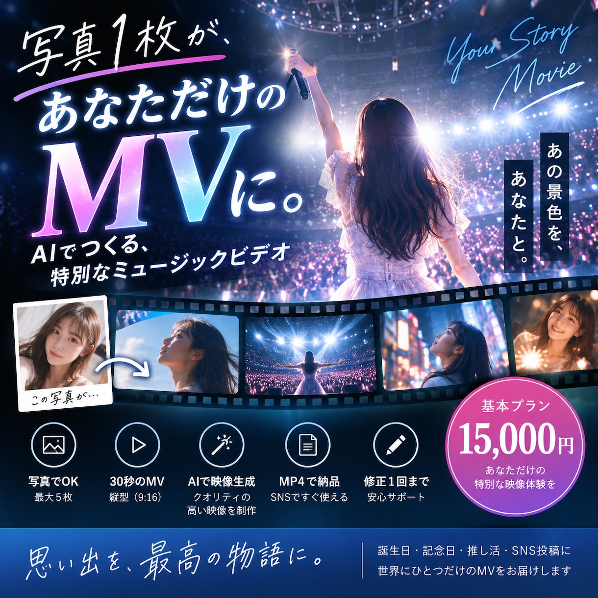 写真からAIでオリジナルMVを制作します あなたの写真が映画やライブの主役に！30秒の特別な映像を制作 イメージ1