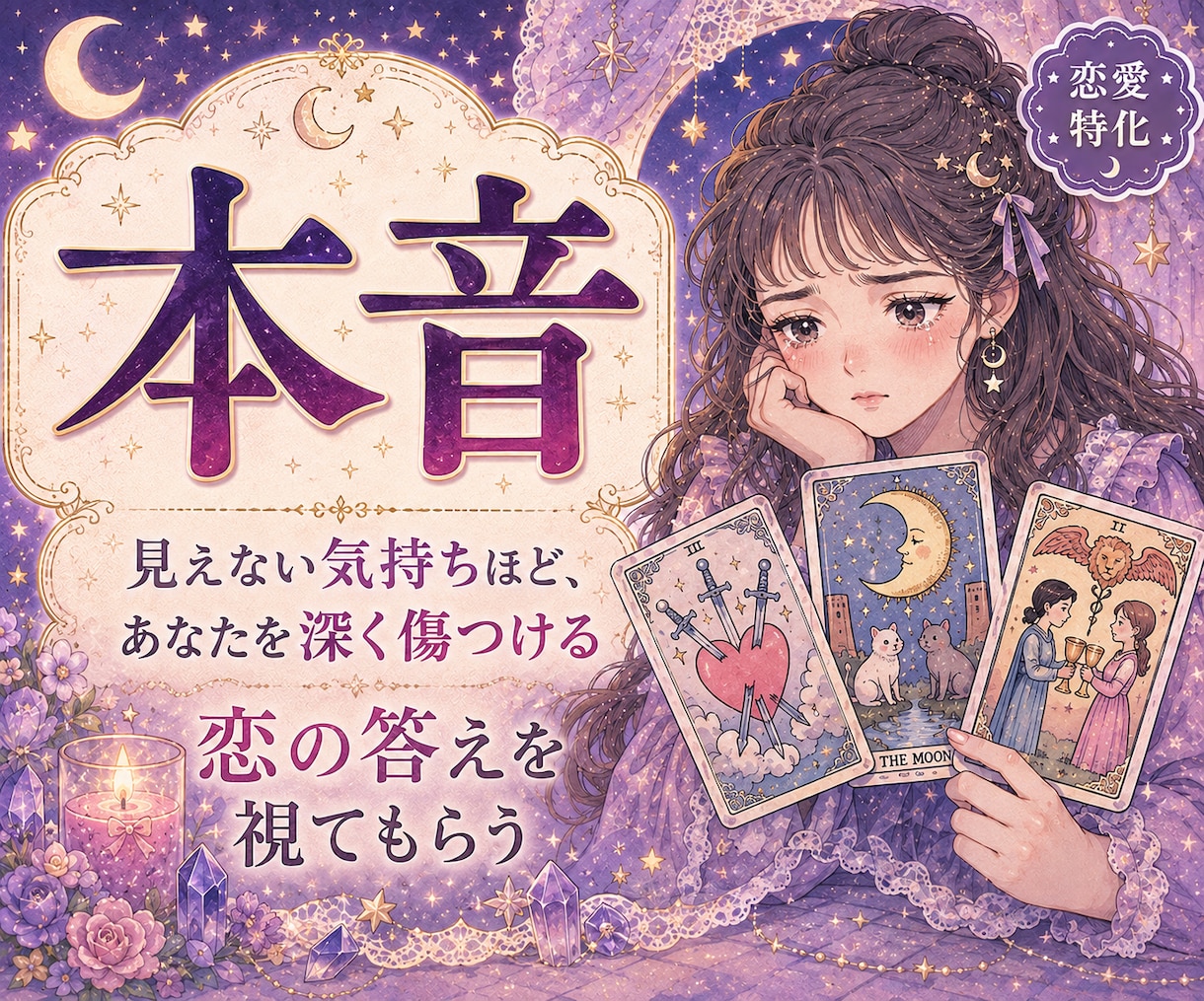 恋愛のお悩みを霊視タロットで鑑定します 運命 / 片思い / 結婚 / 離婚 / 不倫 等... イメージ1