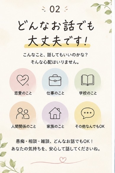 誰にも言えない愚痴、何でも聞きます 誰にも言えない愚痴、何でも聞きます｜否定せずにお話聞きます イメージ2