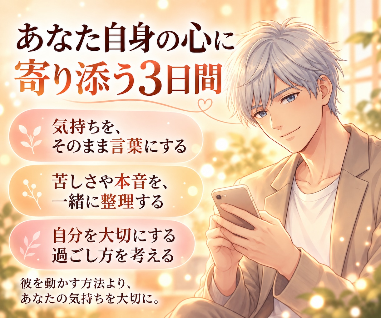 恋愛で疲れたあなたの心を3日間一緒に整えます 彼のことで考えすぎる時に｜文字で気持ちをゆっくり整理 イメージ3