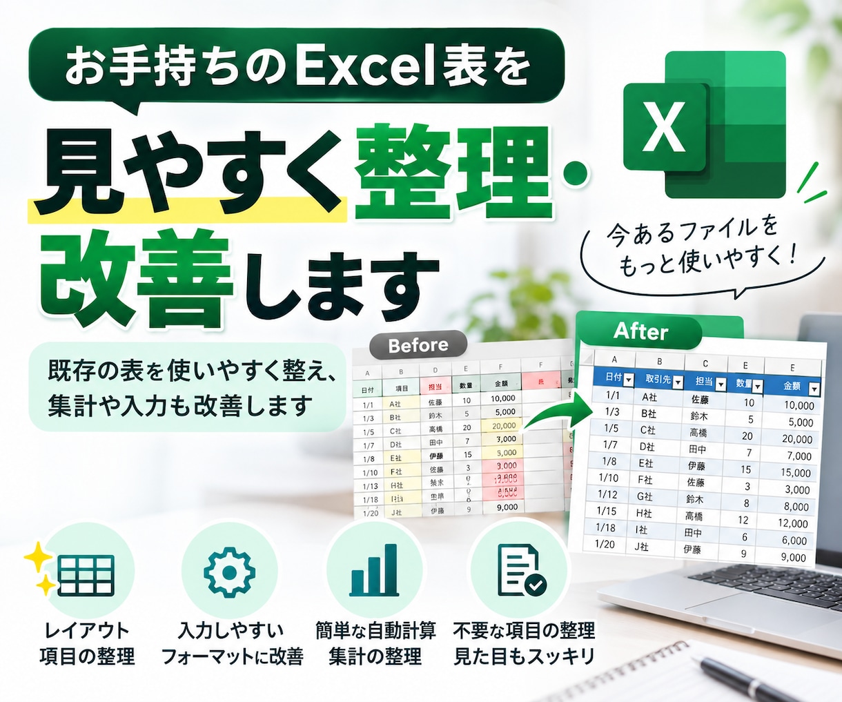 お手持ちのExcel表を見やすく整理・改善します 既存の表を使いやすく整え、集計や入力も改善します イメージ1